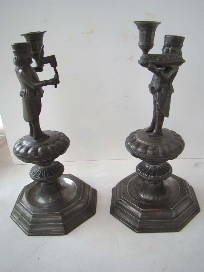 A nice pair of early 18th century Dutch pewter candlesticks depicting a Butcher and a Baker — image 8
